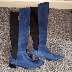 Vince Camuto Blue Suede Black Stretch Over The Knee Boots Womens 9M 39 Low Heel